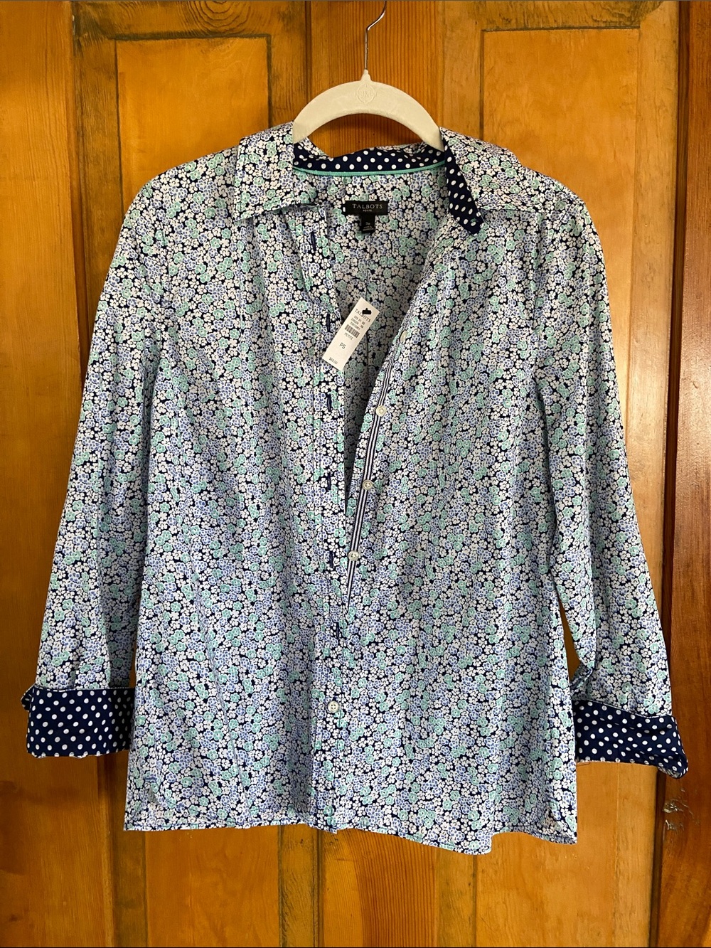 Talbots Navy, White and Light Blue Floral Button-Up Blouse